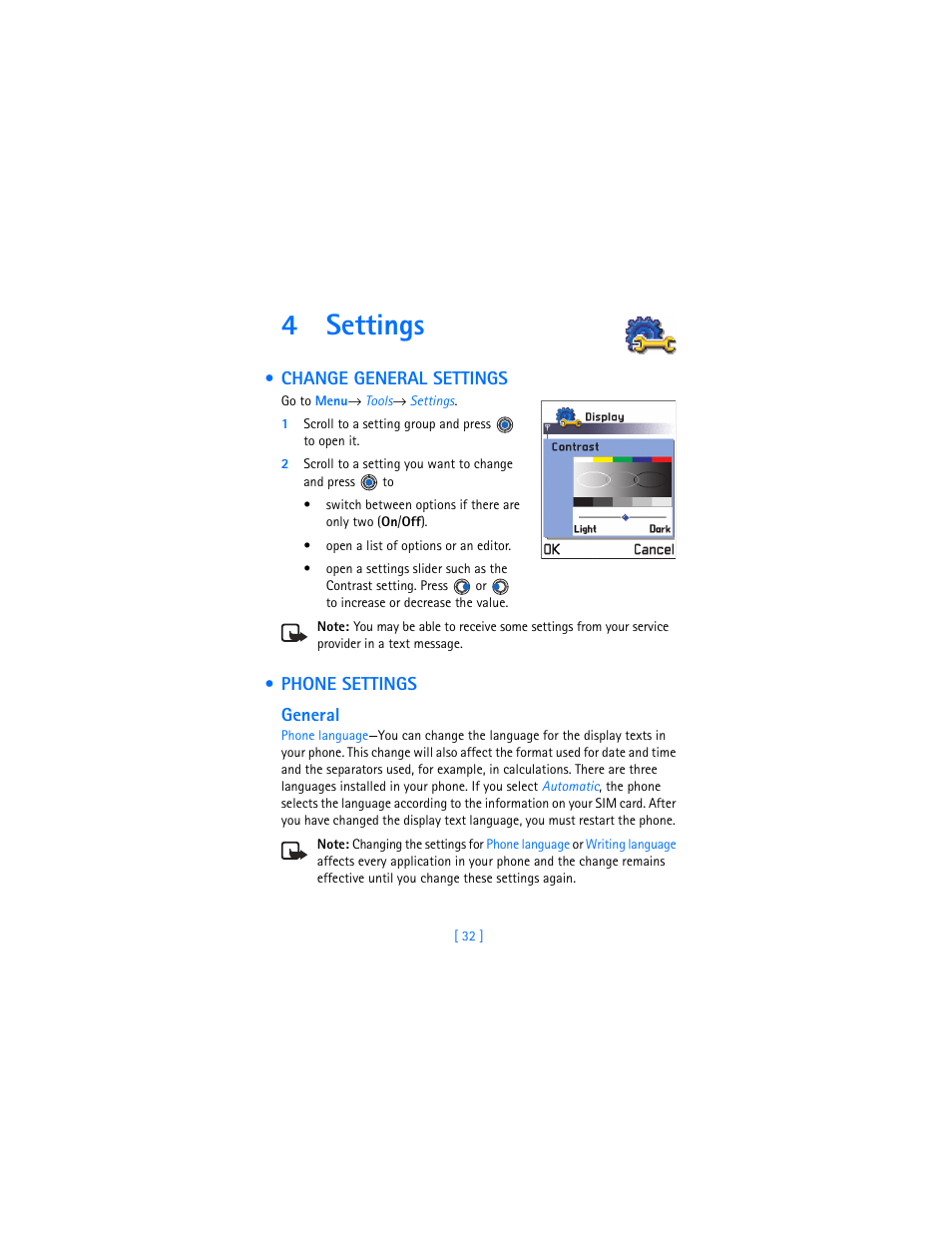 4 settings, Change general settings, Phone settings | Settings, 4settings | Nokia 3620 User Manual | Page 41 / 209