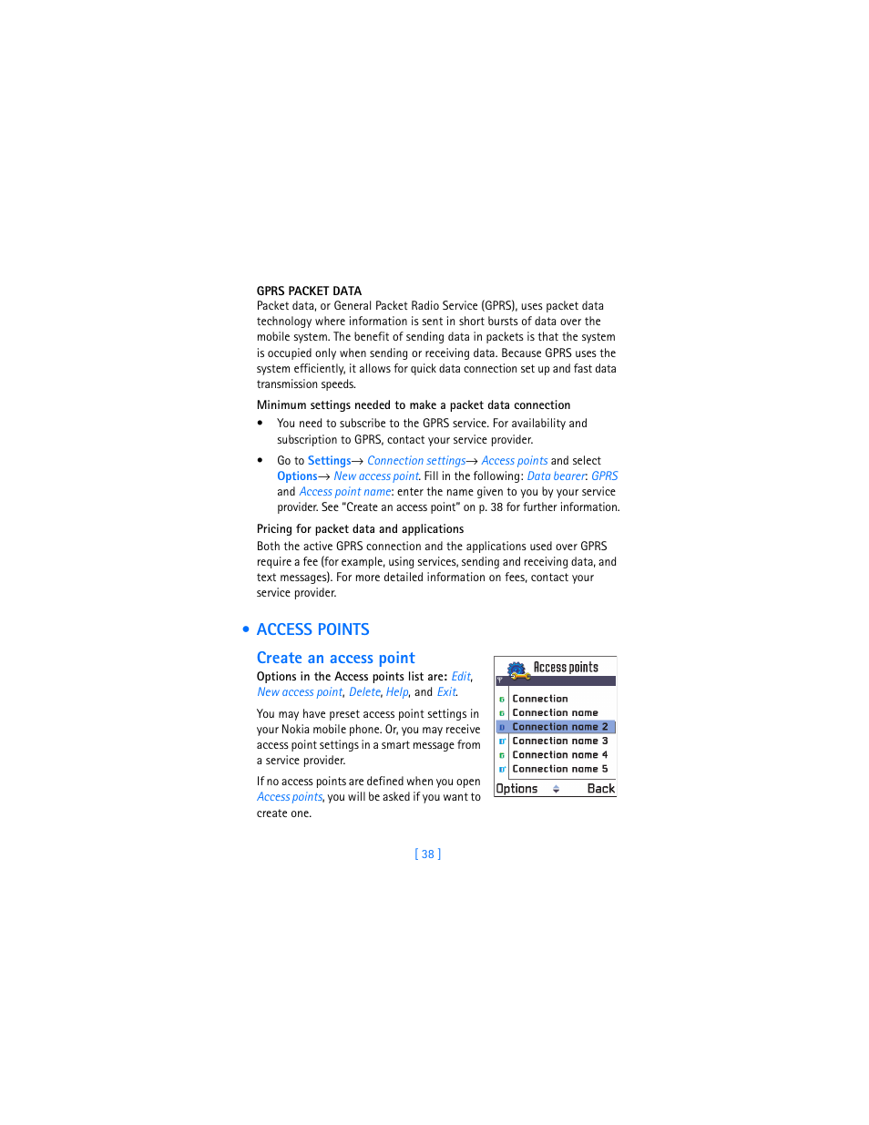 Access points, E “gprs packet data” on p. 38, Access points create an access point | Nokia 3620 User Manual | Page 47 / 209