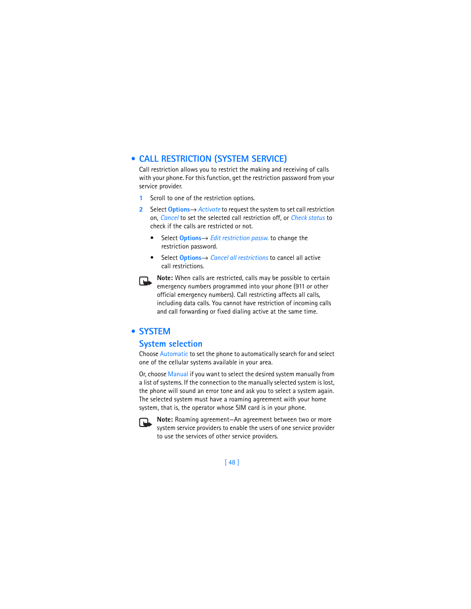 Call restriction (system service), System, System system selection | Nokia 3620 User Manual | Page 57 / 209