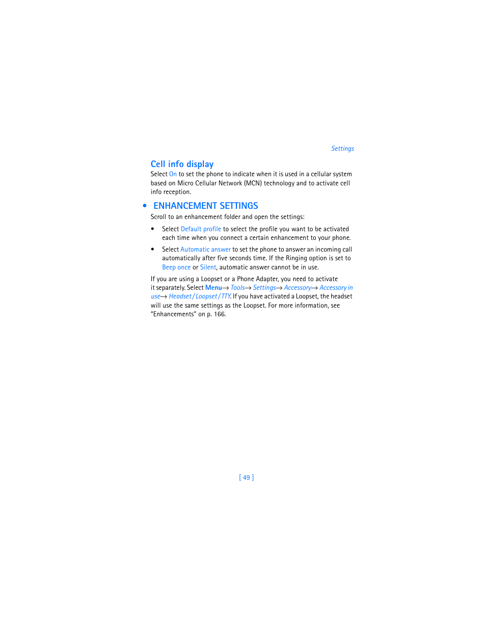 Enhancement settings, Cell info display | Nokia 3620 User Manual | Page 58 / 209