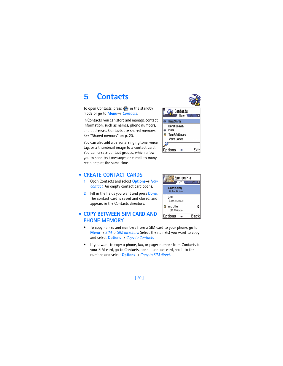 5 contacts, Create contact cards, Copy between sim card and phone memory | Contacts, 5contacts | Nokia 3620 User Manual | Page 59 / 209