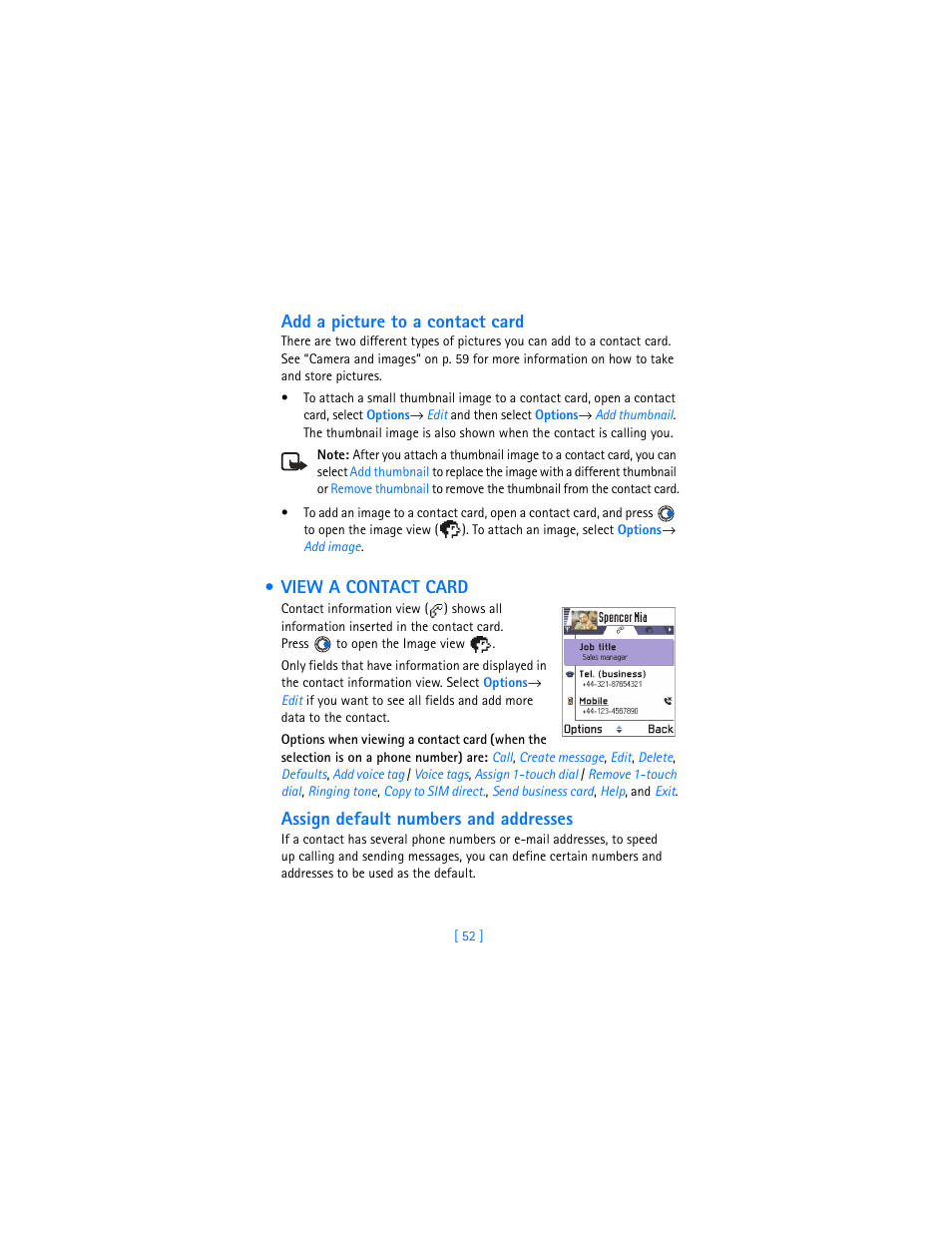 View a contact card, Add a picture to a contact card, Assign default numbers and addresses | Nokia 3620 User Manual | Page 61 / 209