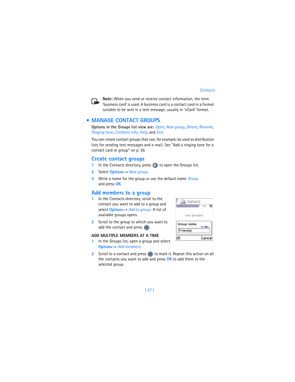 Manage contact groups, Create contact groups, Add members to a group | Nokia 3620 User Manual | Page 66 / 209