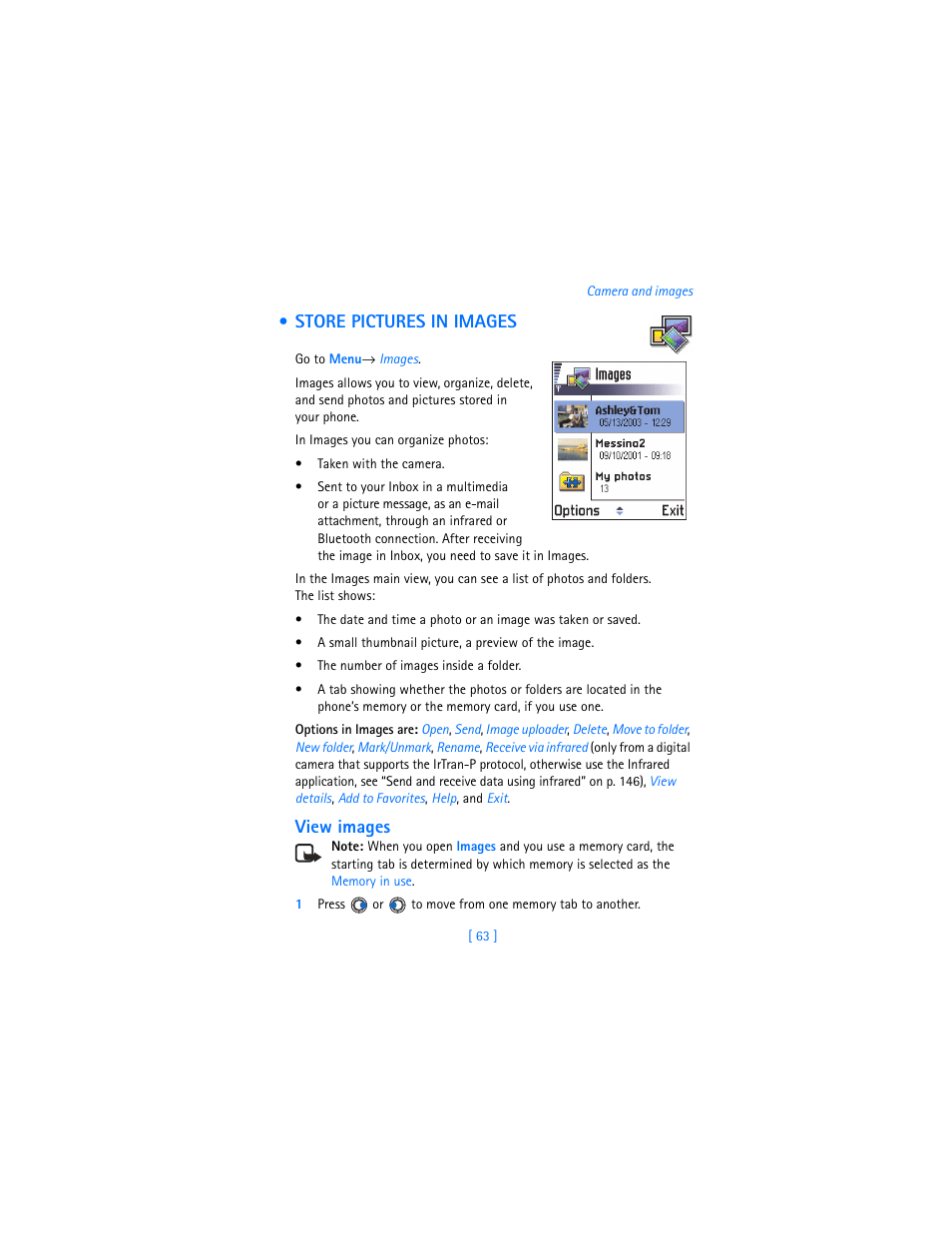 Store pictures in images, View images | Nokia 3620 User Manual | Page 72 / 209