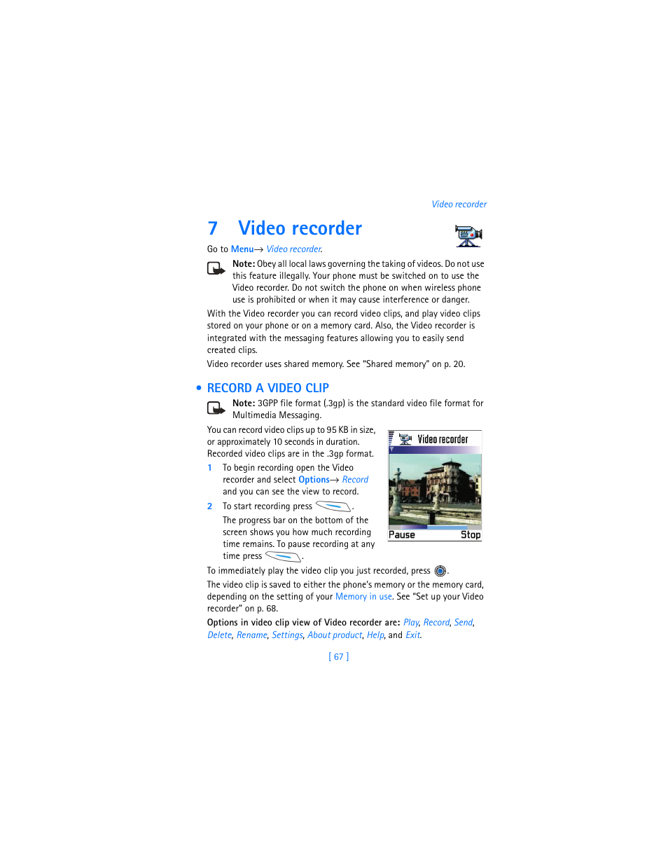 7 video recorder, Record a video clip, Video recorder | 7video recorder | Nokia 3620 User Manual | Page 76 / 209