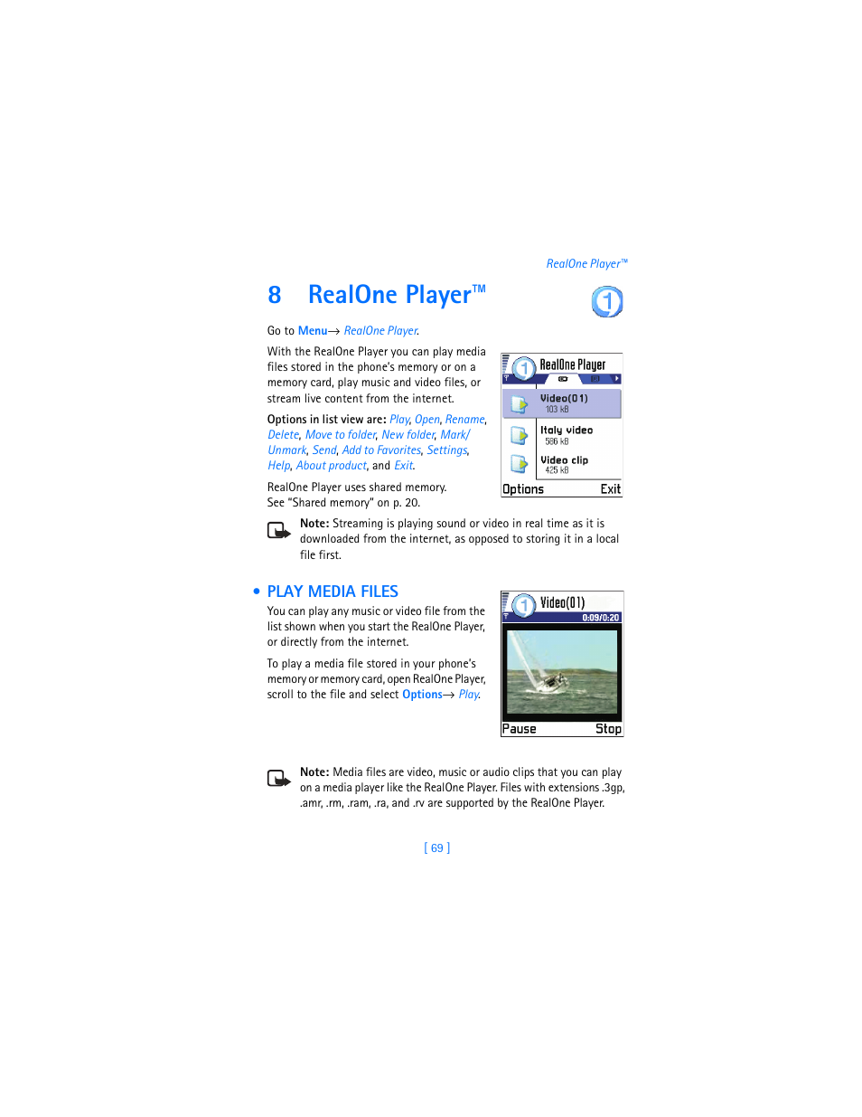 8 realone player, Play media files, Realone player | 8realone player | Nokia 3620 User Manual | Page 78 / 209