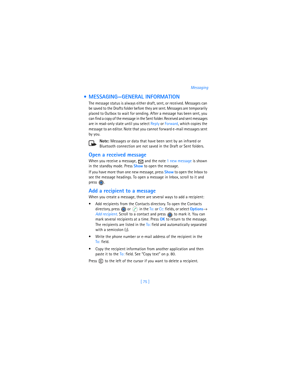 Messaging-general information, Messaging—general information, Open a received message | Add a recipient to a message | Nokia 3620 User Manual | Page 84 / 209