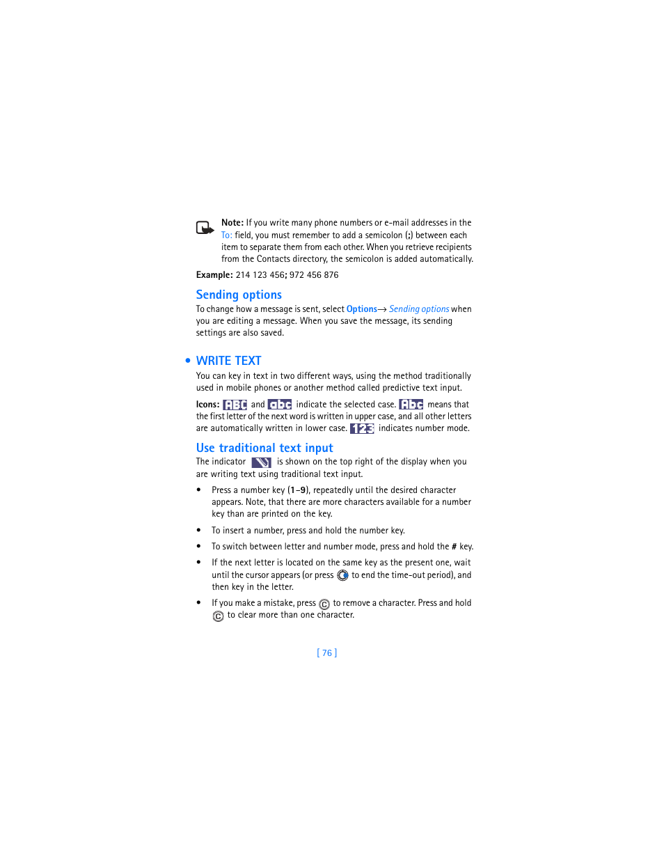 Write text, Sending options, Use traditional text input | Nokia 3620 User Manual | Page 85 / 209