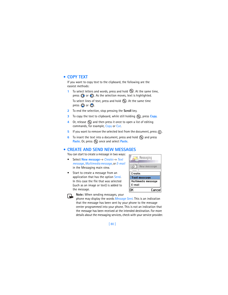 Copy text, Create and send new messages, Create and | Send new messages” on p. 80 | Nokia 3620 User Manual | Page 89 / 209