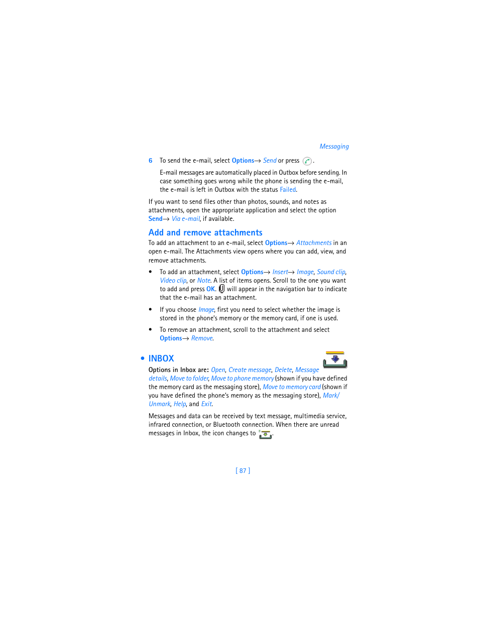 Inbox, Add and remove attachments | Nokia 3620 User Manual | Page 96 / 209