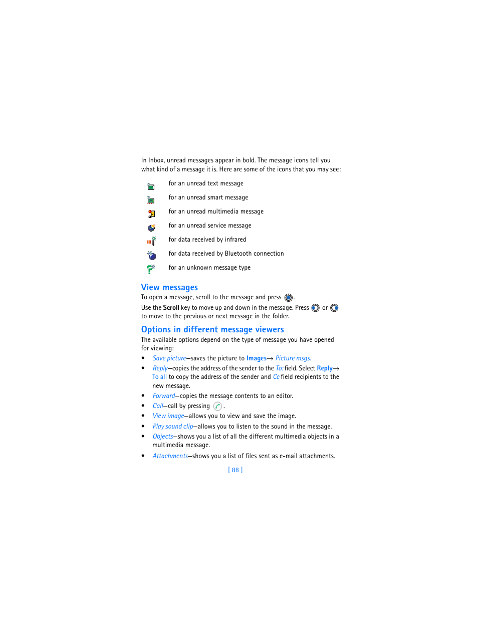 View messages, Options in different message viewers | Nokia 3620 User Manual | Page 97 / 209