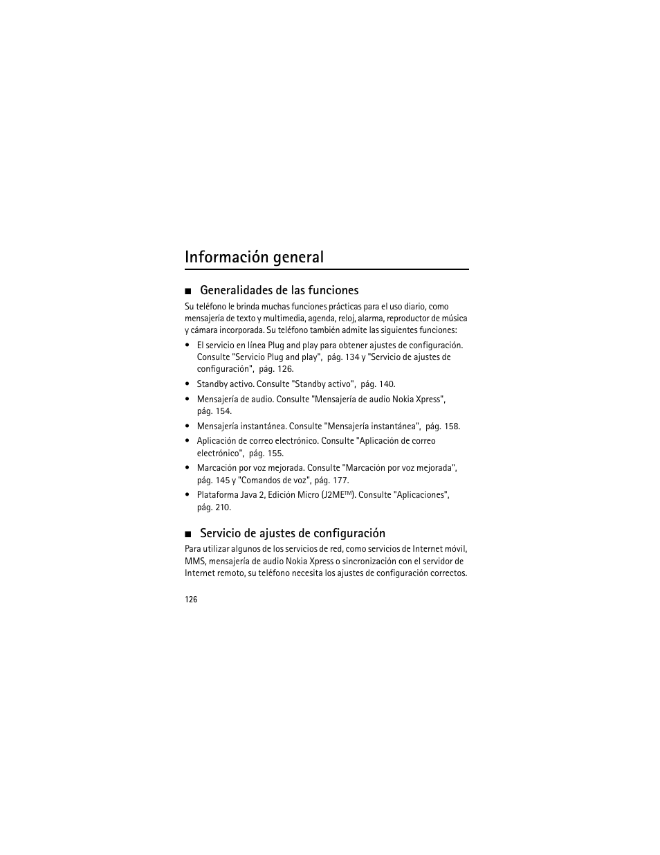 Información general, Generalidades de las funciones, Servicio de ajustes de configuración | Nokia 3555 User Manual | Page 127 / 241