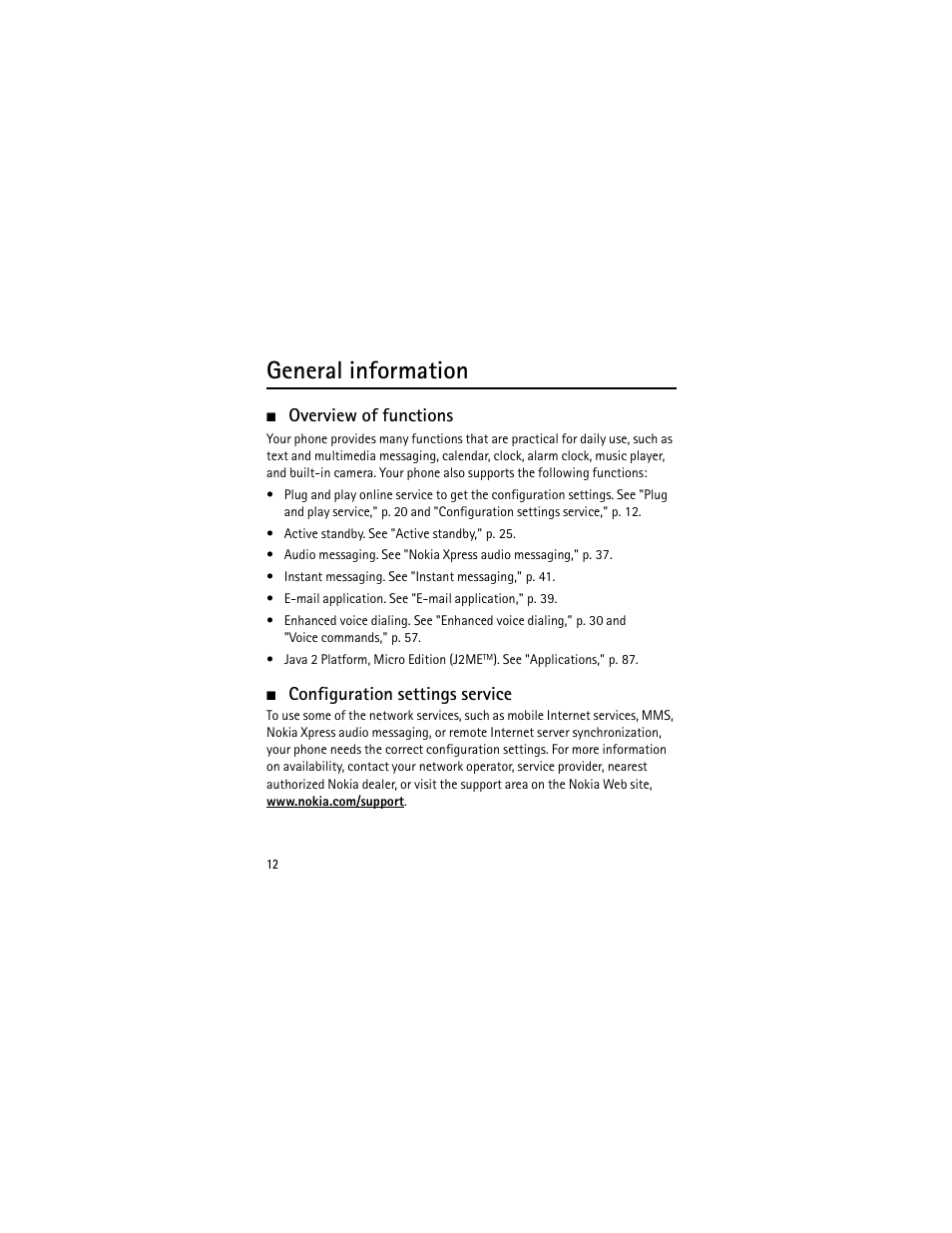 General information, Overview of functions, Configuration settings service | Nokia 3555 User Manual | Page 13 / 241