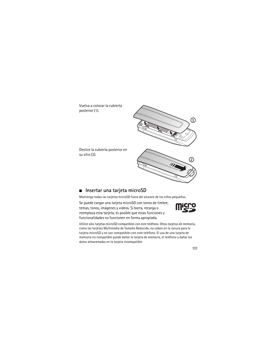 Insertar una tarjeta microsd | Nokia 3555 User Manual | Page 132 / 241