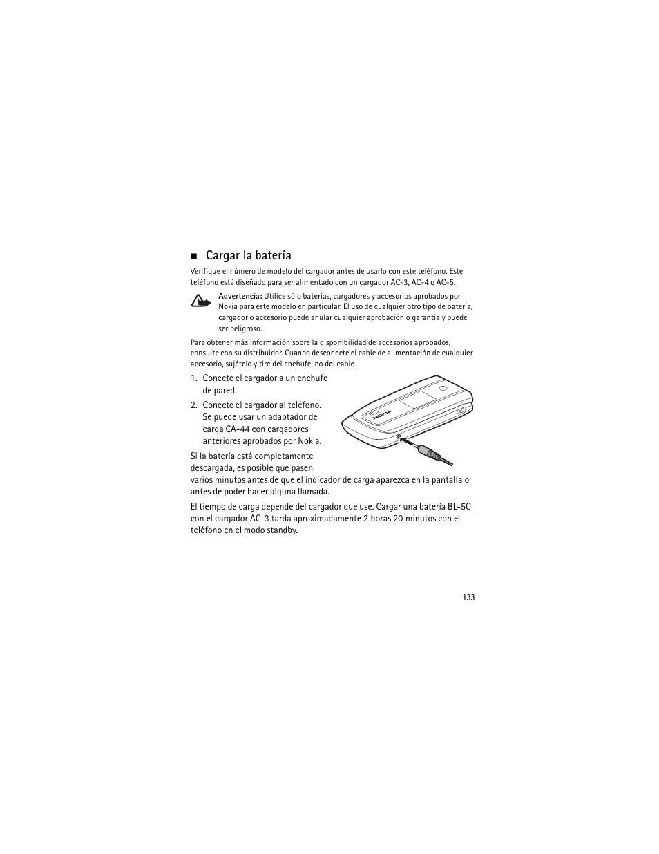 Cargar la batería | Nokia 3555 User Manual | Page 134 / 241