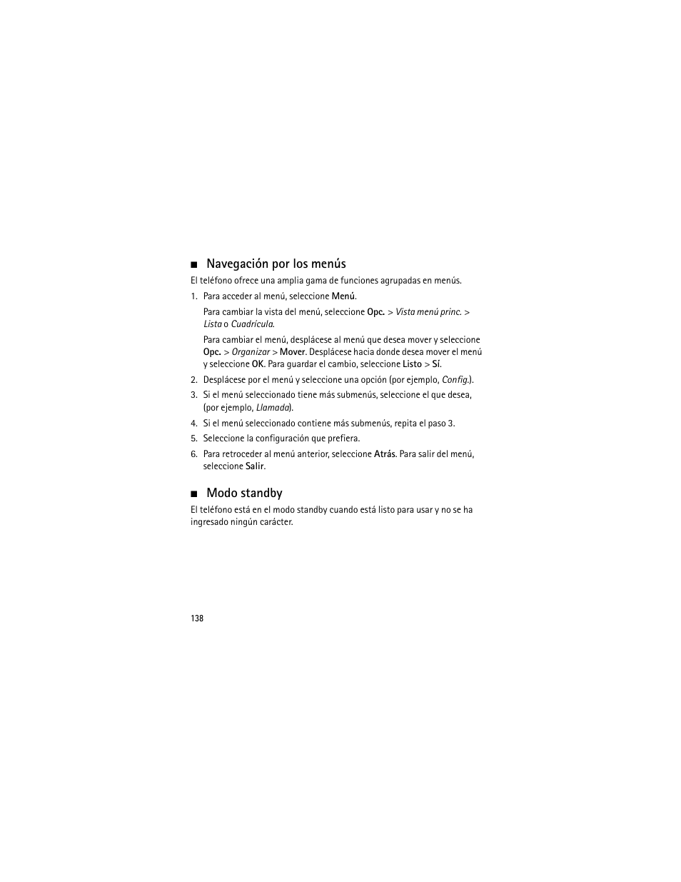 Navegación por los menús, Modo standby, Navegación por los menús modo standby | Nokia 3555 User Manual | Page 139 / 241