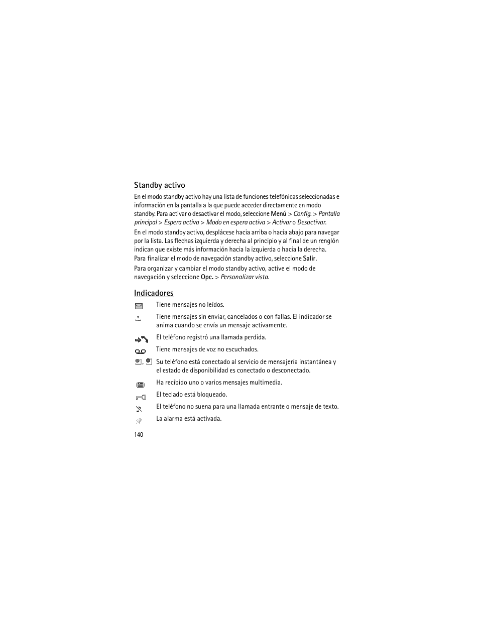 Standby activo, Indicadores, Standby activo indicadores | Te "standby activo | Nokia 3555 User Manual | Page 141 / 241