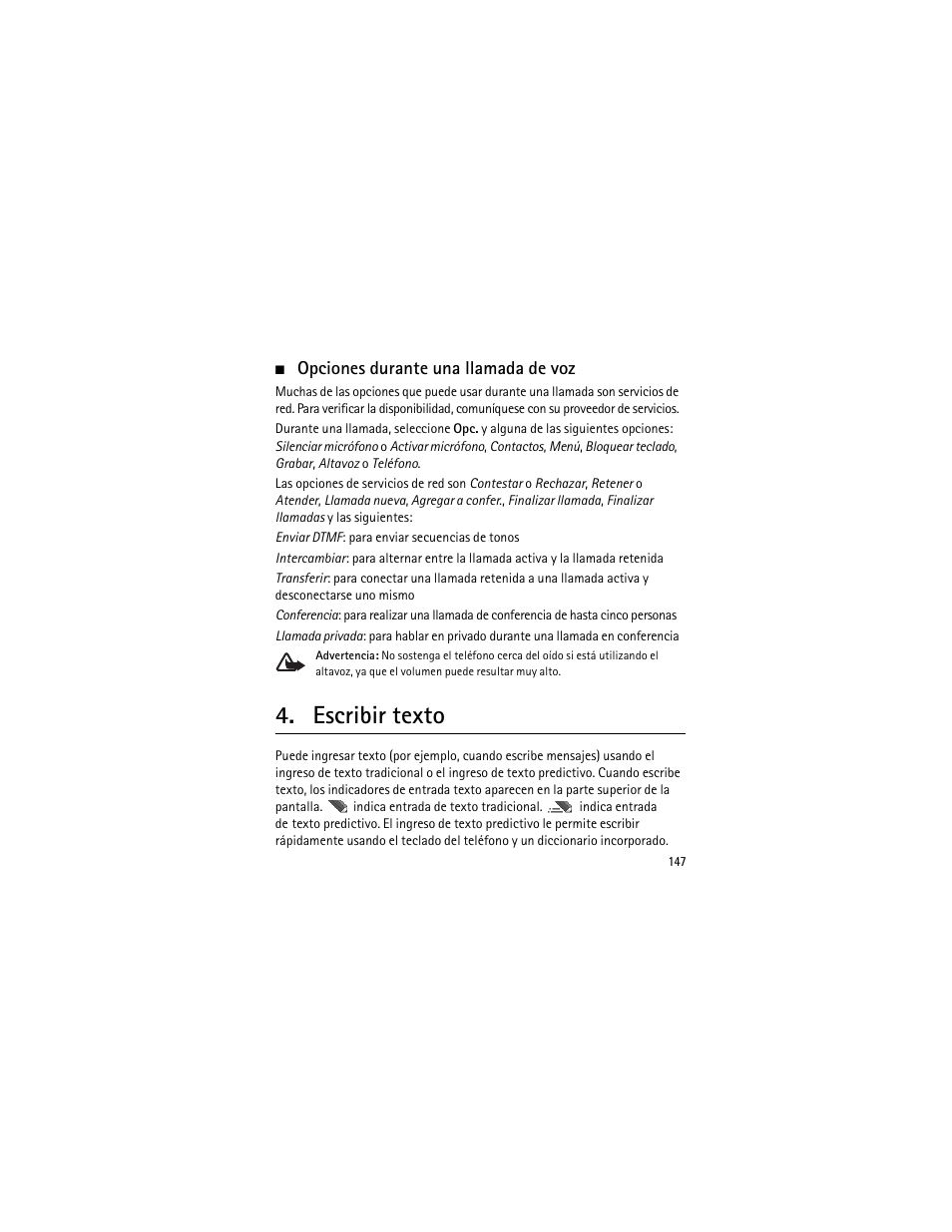 Opciones durante una llamada de voz, Escribir texto | Nokia 3555 User Manual | Page 148 / 241