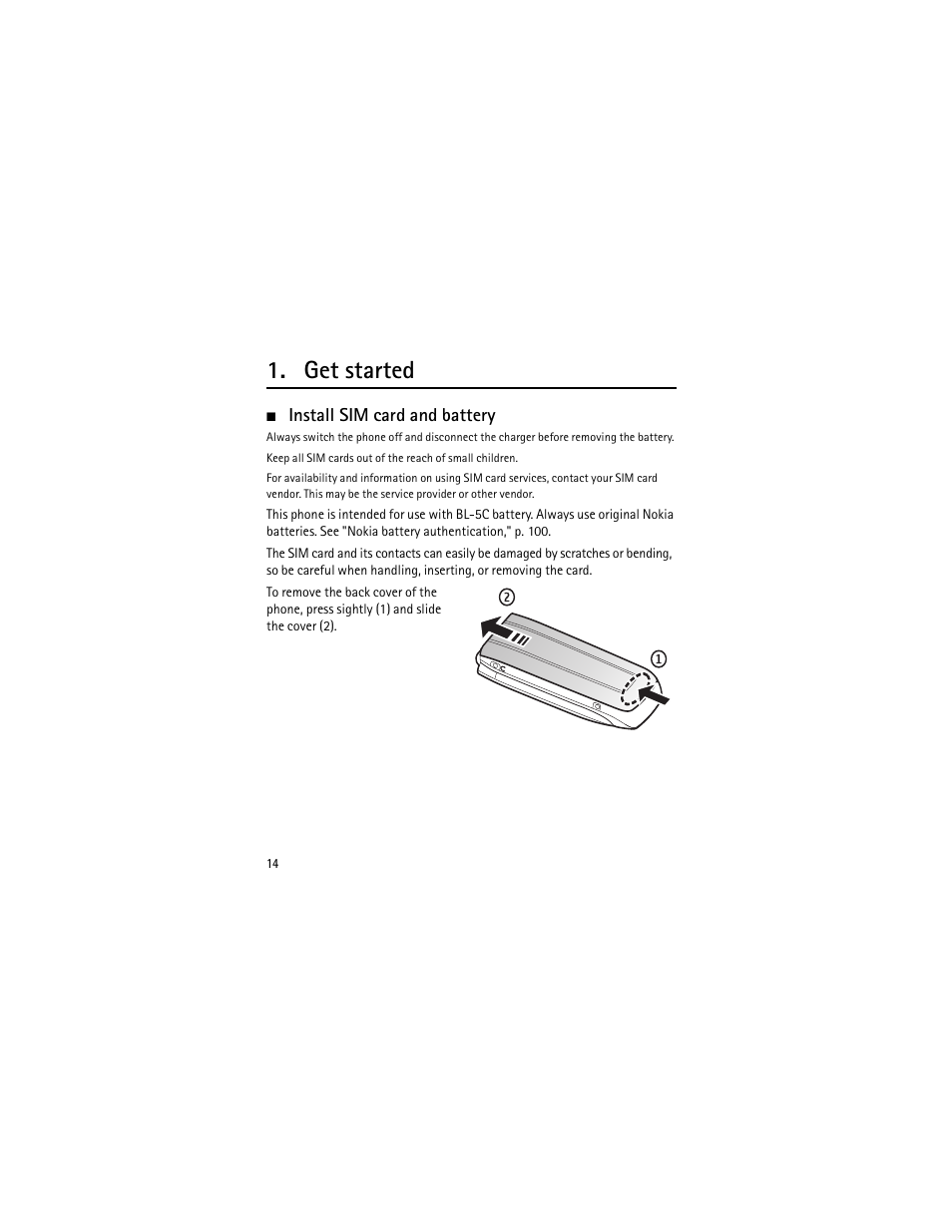 Get started, Install sim card and battery | Nokia 3555 User Manual | Page 15 / 241