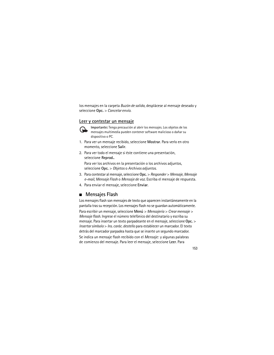 Leer y contestar un mensaje, Mensajes flash | Nokia 3555 User Manual | Page 154 / 241