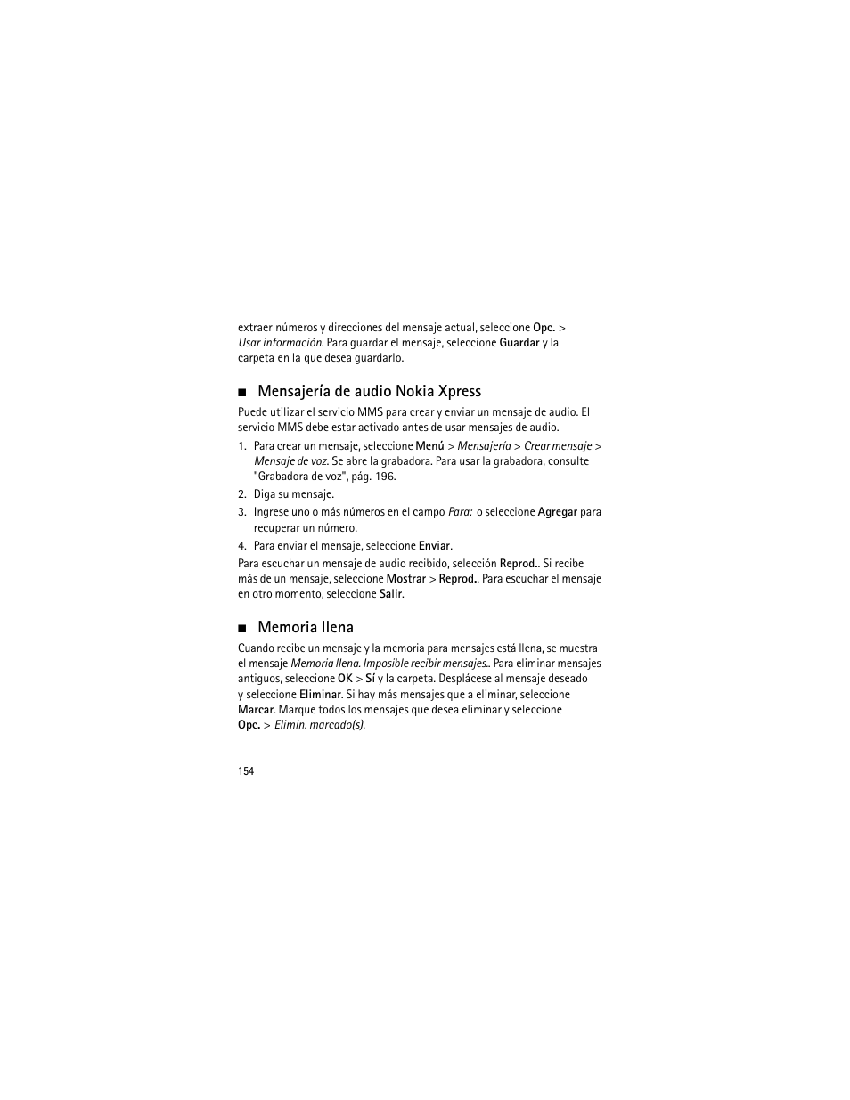 Mensajería de audio nokia xpress, Memoria llena, Mensajería de audio nokia xpress memoria llena | Te "mensajería de audio nokia xpress | Nokia 3555 User Manual | Page 155 / 241