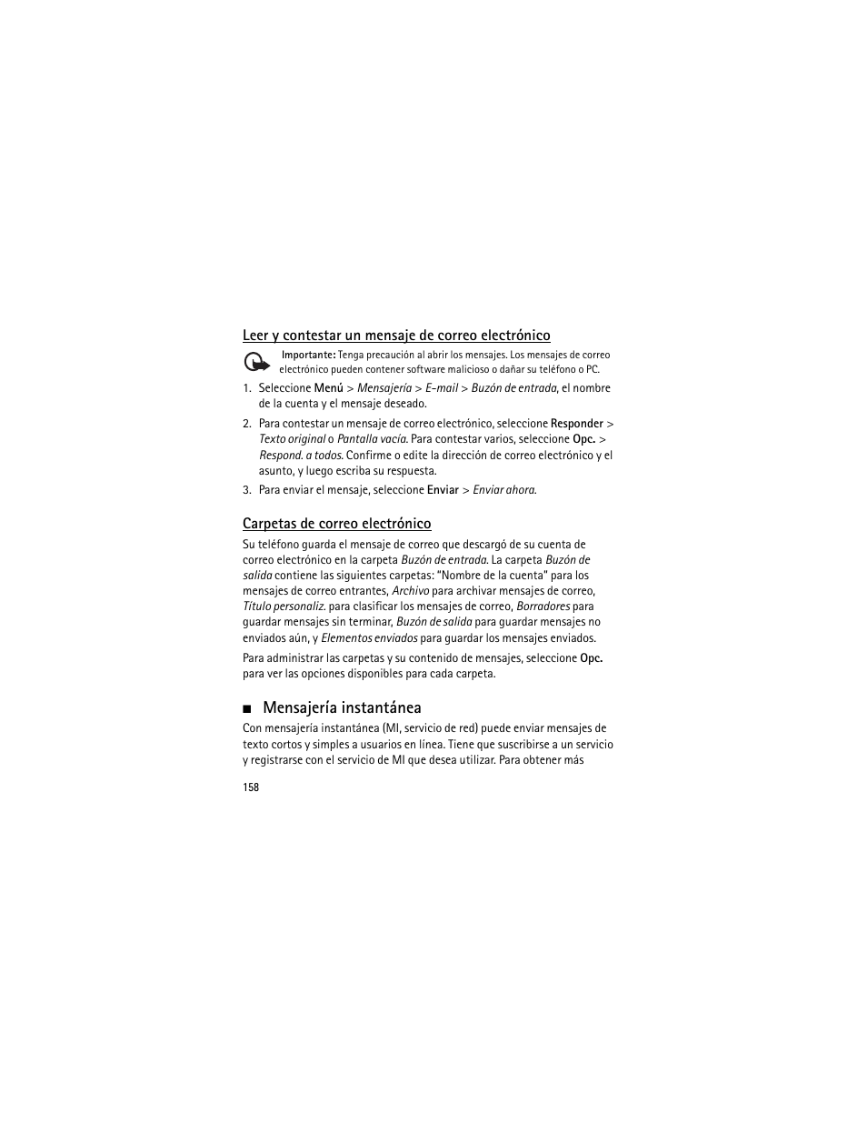 Leer y contestar un mensaje de correo electrónico, Carpetas de correo electrónico, Mensajería instantánea | Nokia 3555 User Manual | Page 159 / 241