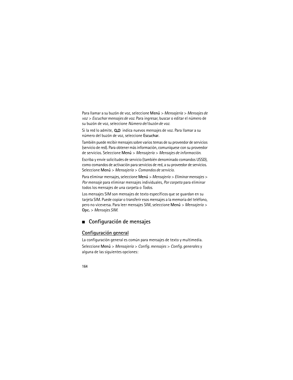 Configuración de mensajes, Configuración general | Nokia 3555 User Manual | Page 165 / 241