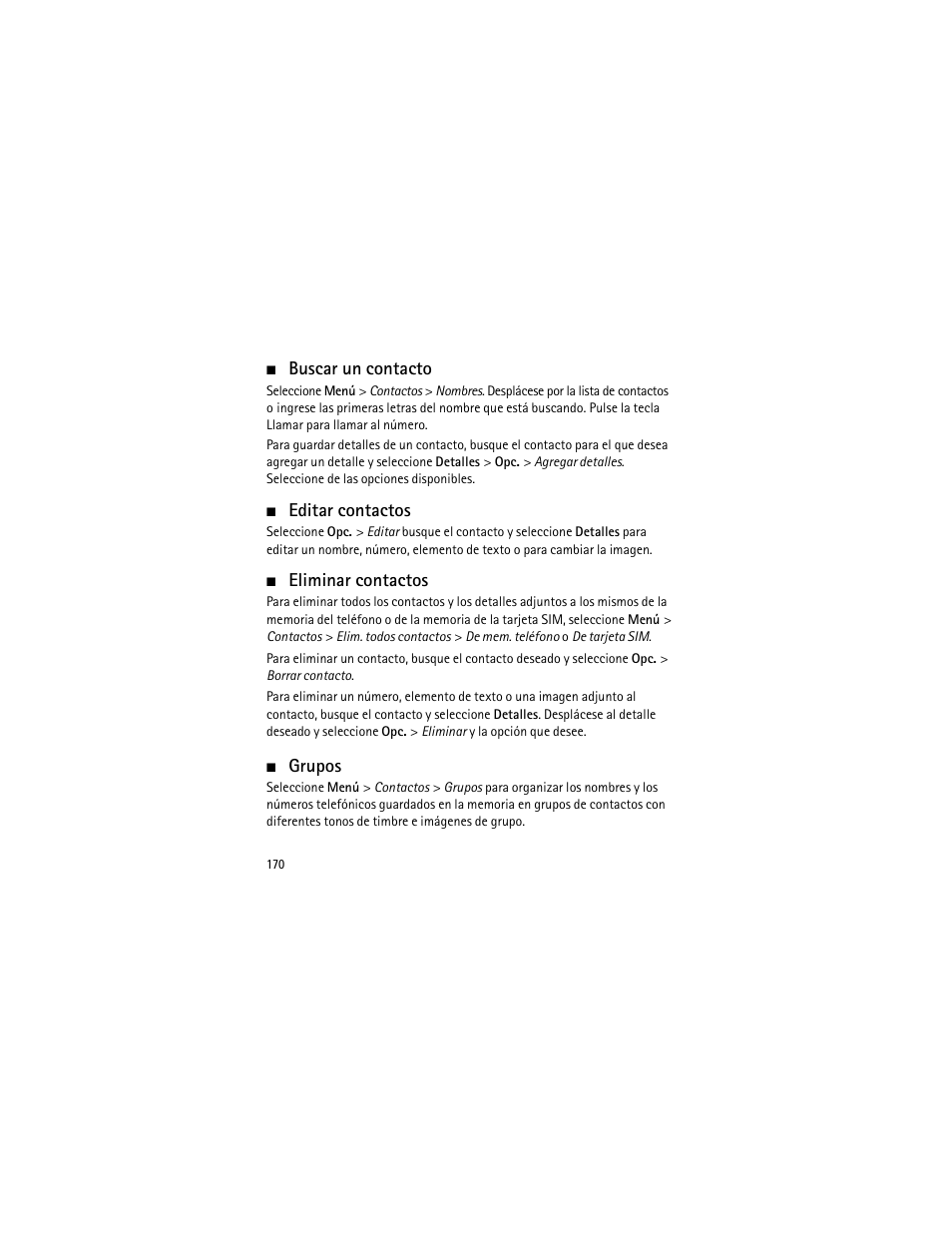 Buscar un contacto, Editar contactos, Eliminar contactos | Grupos | Nokia 3555 User Manual | Page 171 / 241