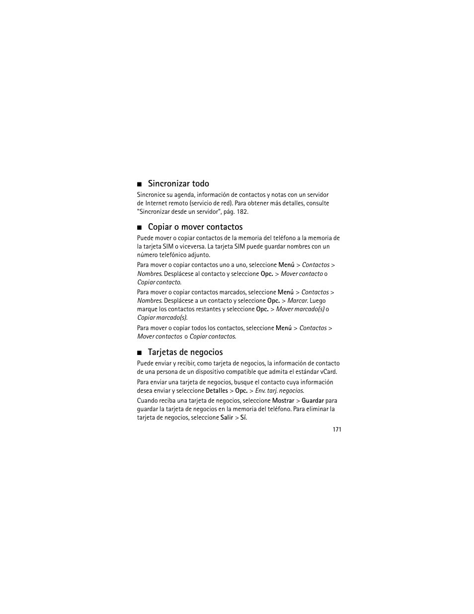 Sincronizar todo, Copiar o mover contactos, Tarjetas de negocios | Sincronizar todo copiar o mover contactos | Nokia 3555 User Manual | Page 172 / 241