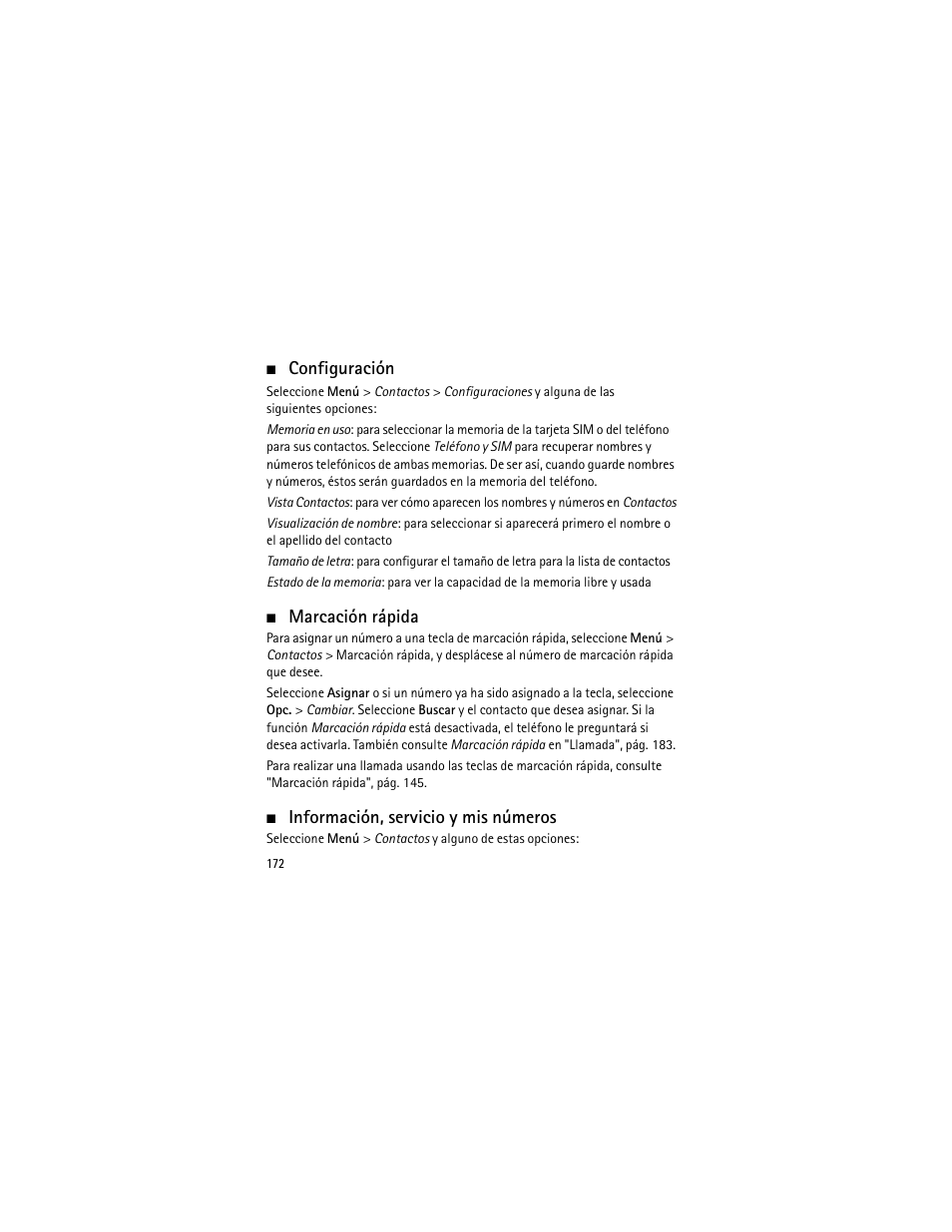 Configuración, Marcación rápida, Información, servicio y mis números | Marcación rápida", pá | Nokia 3555 User Manual | Page 173 / 241