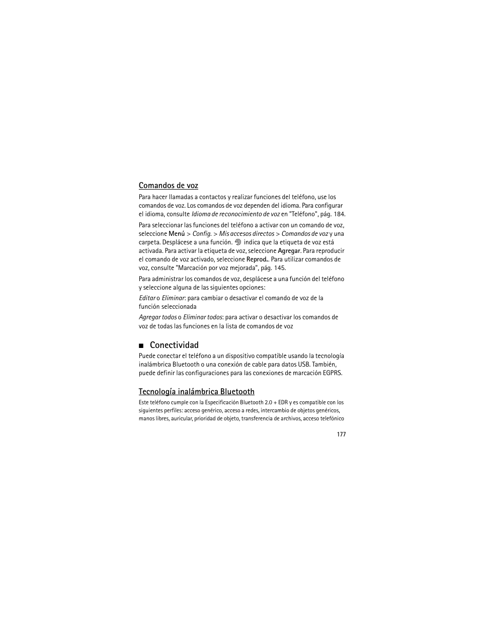 Comandos de voz, Conectividad, Tecnología inalámbrica bluetooth | Y "comandos de voz | Nokia 3555 User Manual | Page 178 / 241