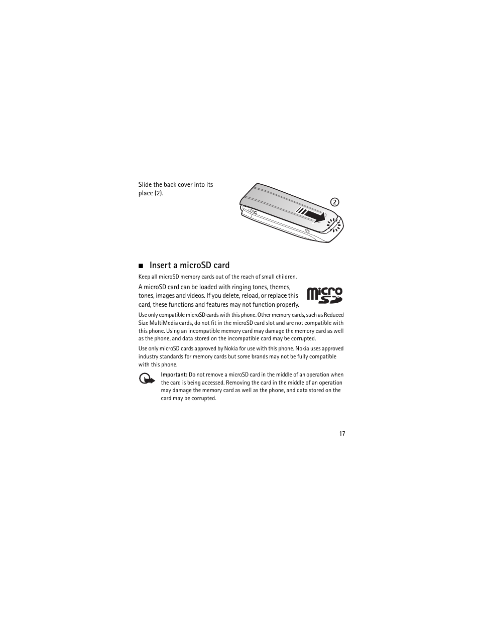 Insert a microsd card | Nokia 3555 User Manual | Page 18 / 241
