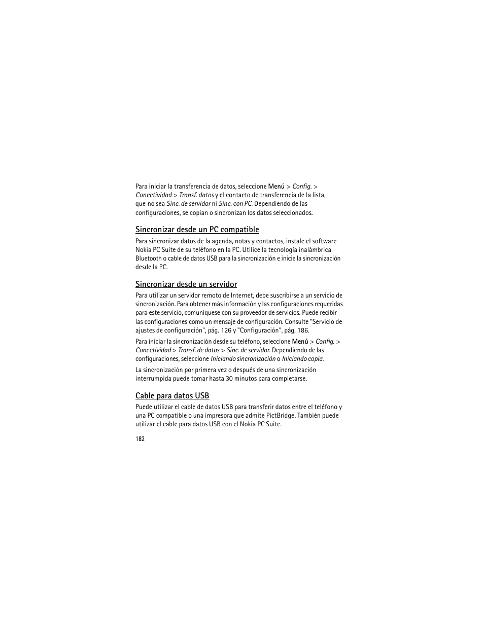 Sincronizar desde un pc compatible, Sincronizar desde un servidor, Cable para datos usb | Nokia 3555 User Manual | Page 183 / 241