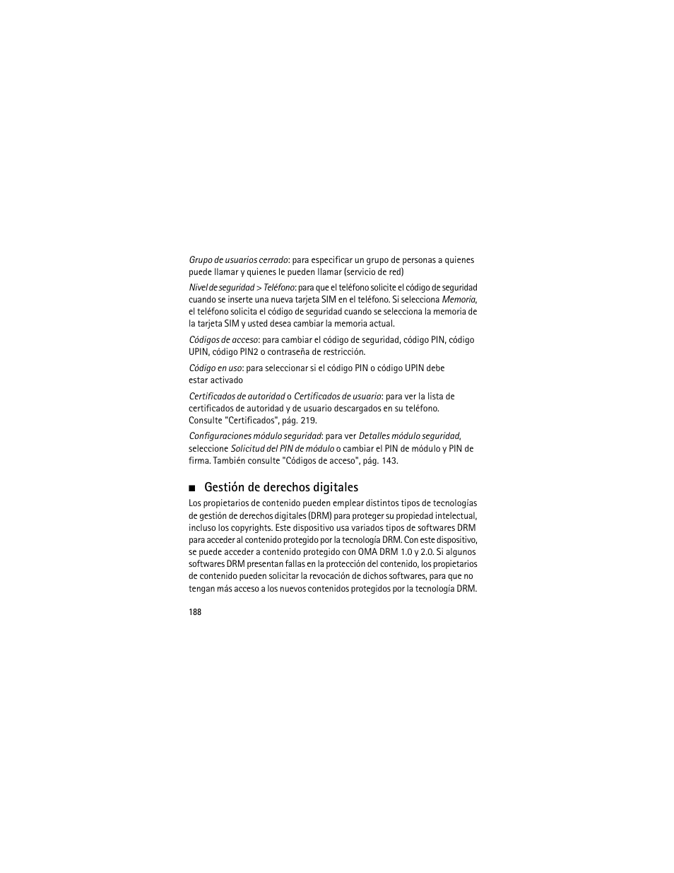 Gestión de derechos digitales | Nokia 3555 User Manual | Page 189 / 241