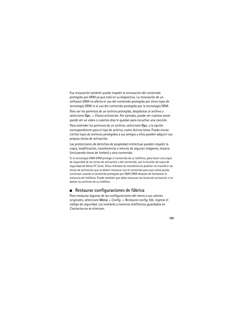 Restaurar configuraciones de fábrica | Nokia 3555 User Manual | Page 190 / 241