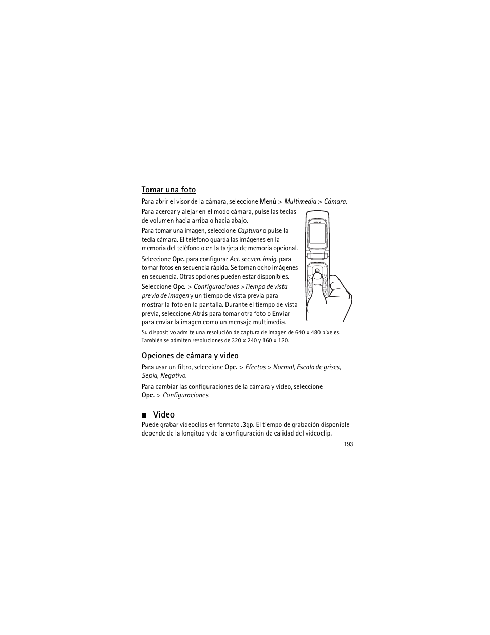 Tomar una foto, Opciones de cámara y video, Video | Tomar una foto opciones de cámara y video | Nokia 3555 User Manual | Page 194 / 241