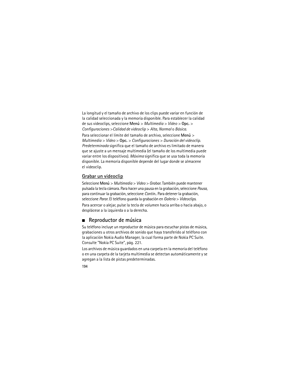 Grabar un videoclip, Reproductor de música | Nokia 3555 User Manual | Page 195 / 241