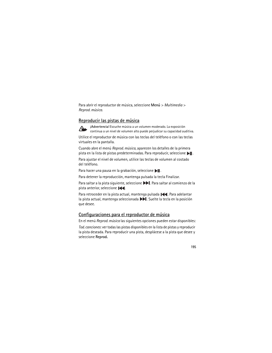 Reproducir las pistas de música, Configuraciones para el reproductor de música | Nokia 3555 User Manual | Page 196 / 241
