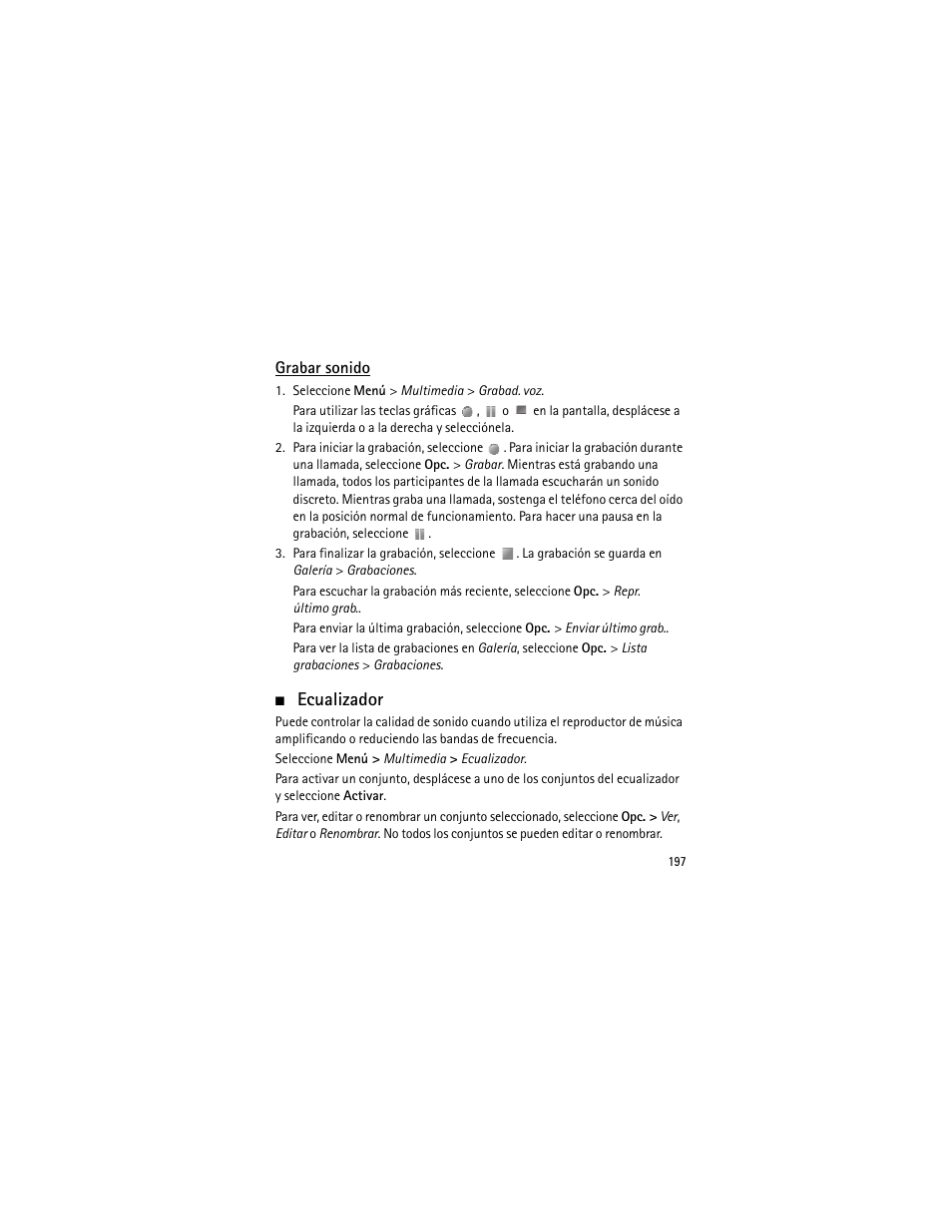 Grabar sonido, Ecualizador | Nokia 3555 User Manual | Page 198 / 241