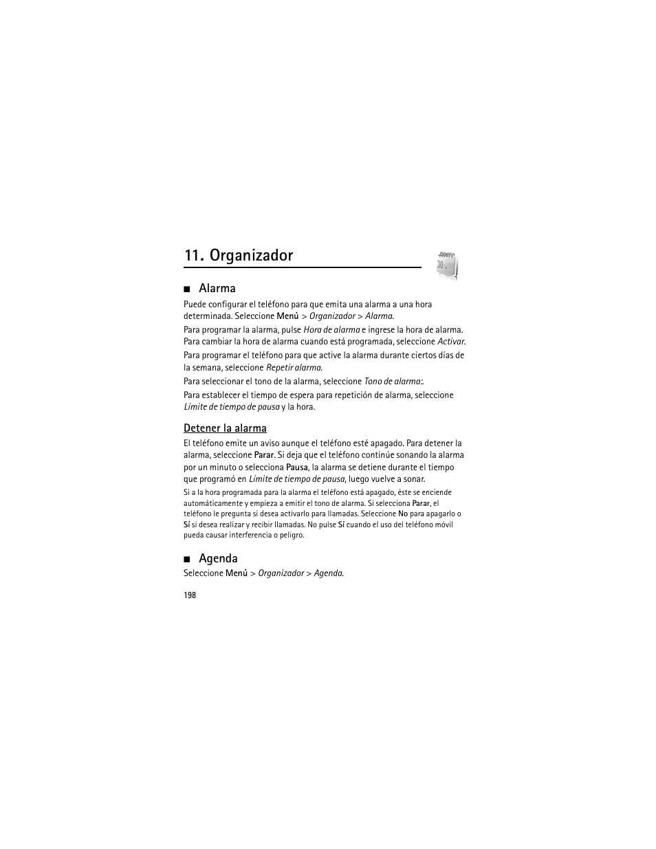 Organizador, Alarma, Detener la alarma | Agenda | Nokia 3555 User Manual | Page 199 / 241