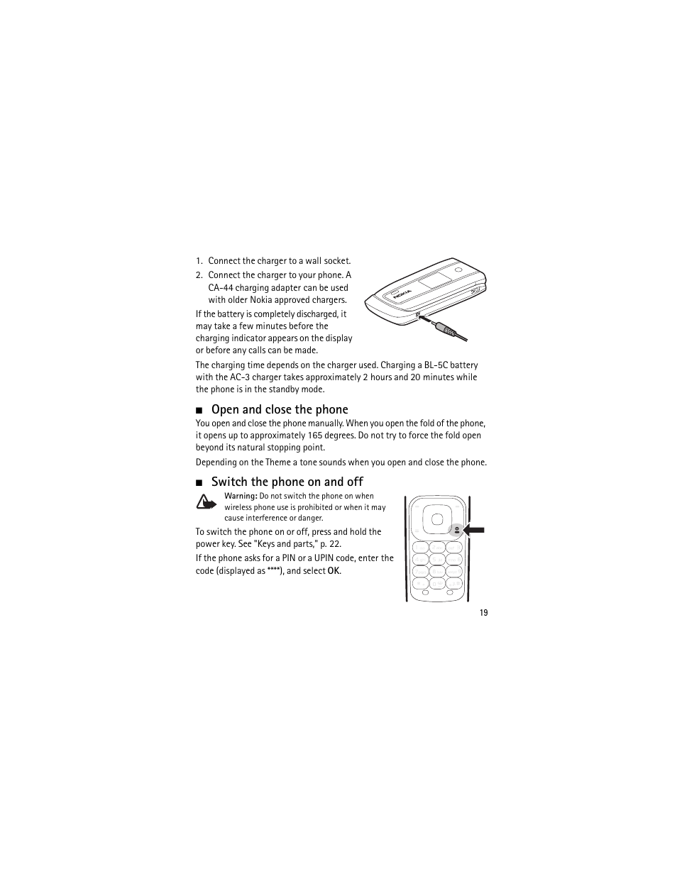 Open and close the phone, Switch the phone on and off | Nokia 3555 User Manual | Page 20 / 241