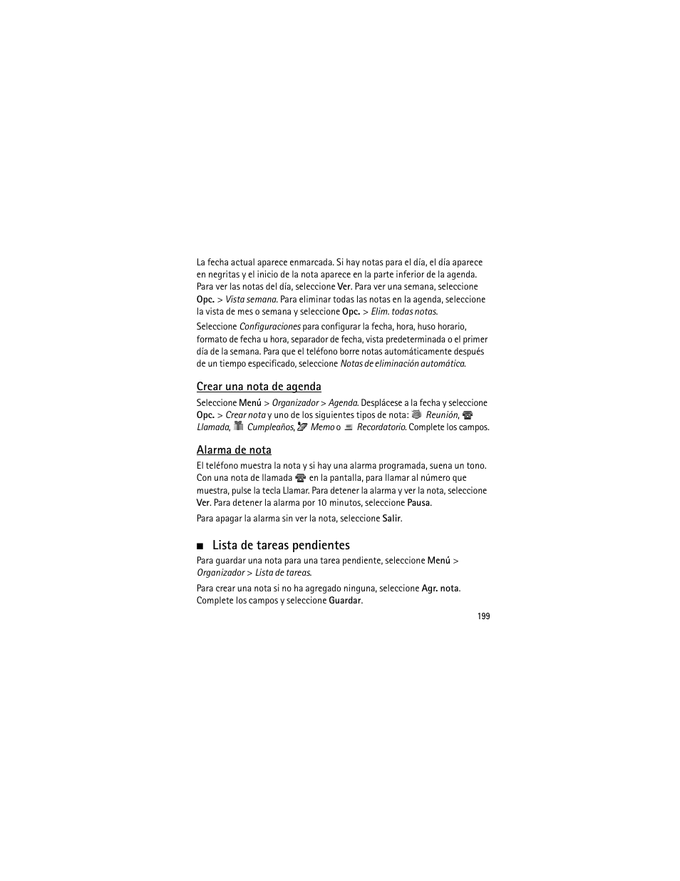 Crear una nota de agenda, Alarma de nota, Lista de tareas pendientes | Crear una nota de agenda alarma de nota | Nokia 3555 User Manual | Page 200 / 241