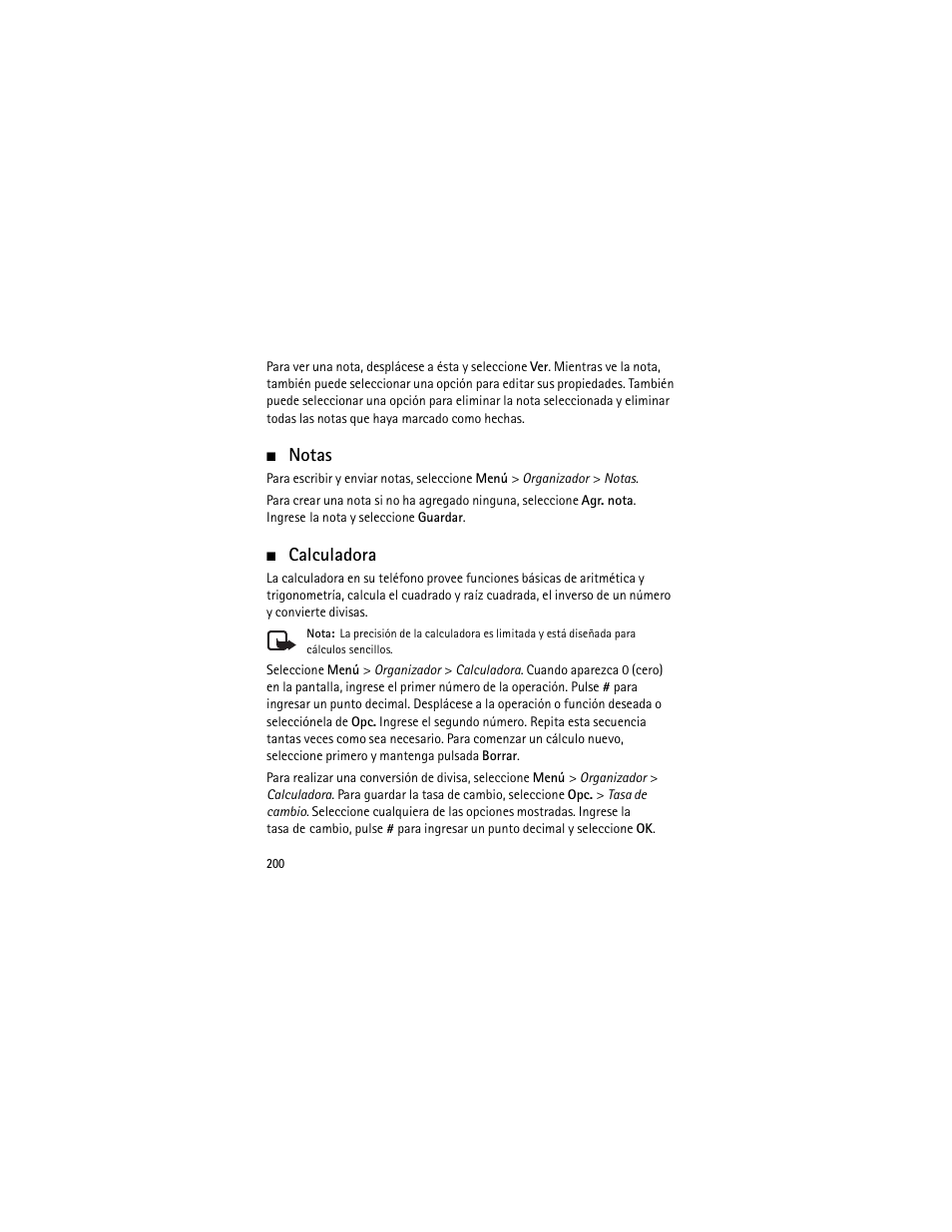 Notas, Calculadora, Notas calculadora | Nokia 3555 User Manual | Page 201 / 241