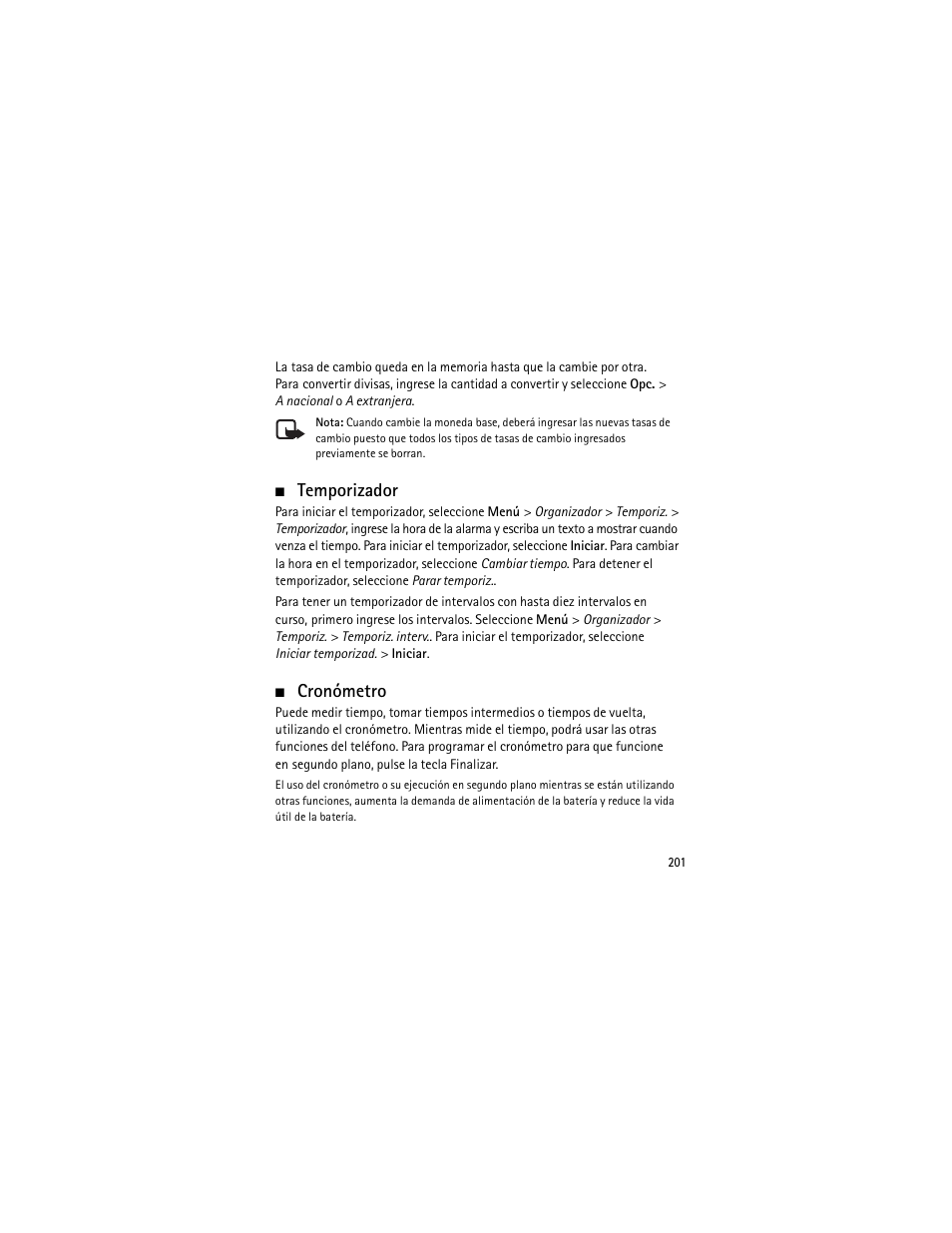 Temporizador, Cronómetro, Temporizador cronómetro | Nokia 3555 User Manual | Page 202 / 241