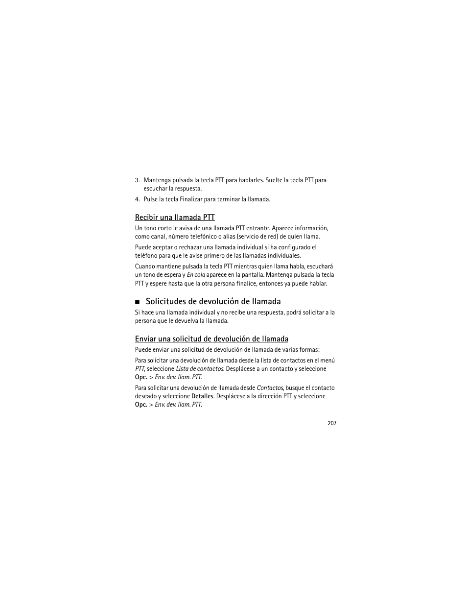 Recibir una llamada ptt, Solicitudes de devolución de llamada, Enviar una solicitud de devolución de llamada | Nokia 3555 User Manual | Page 208 / 241