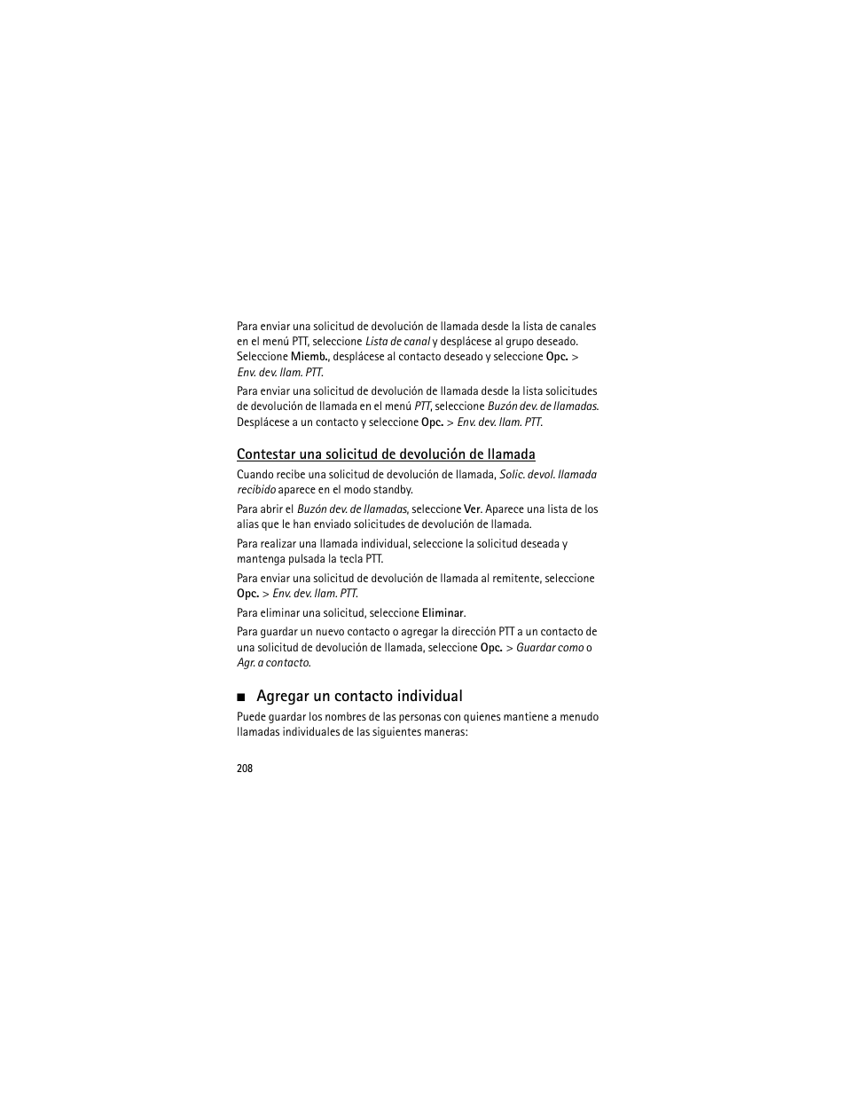 Contestar una solicitud de devolución de llamada, Agregar un contacto individual | Nokia 3555 User Manual | Page 209 / 241