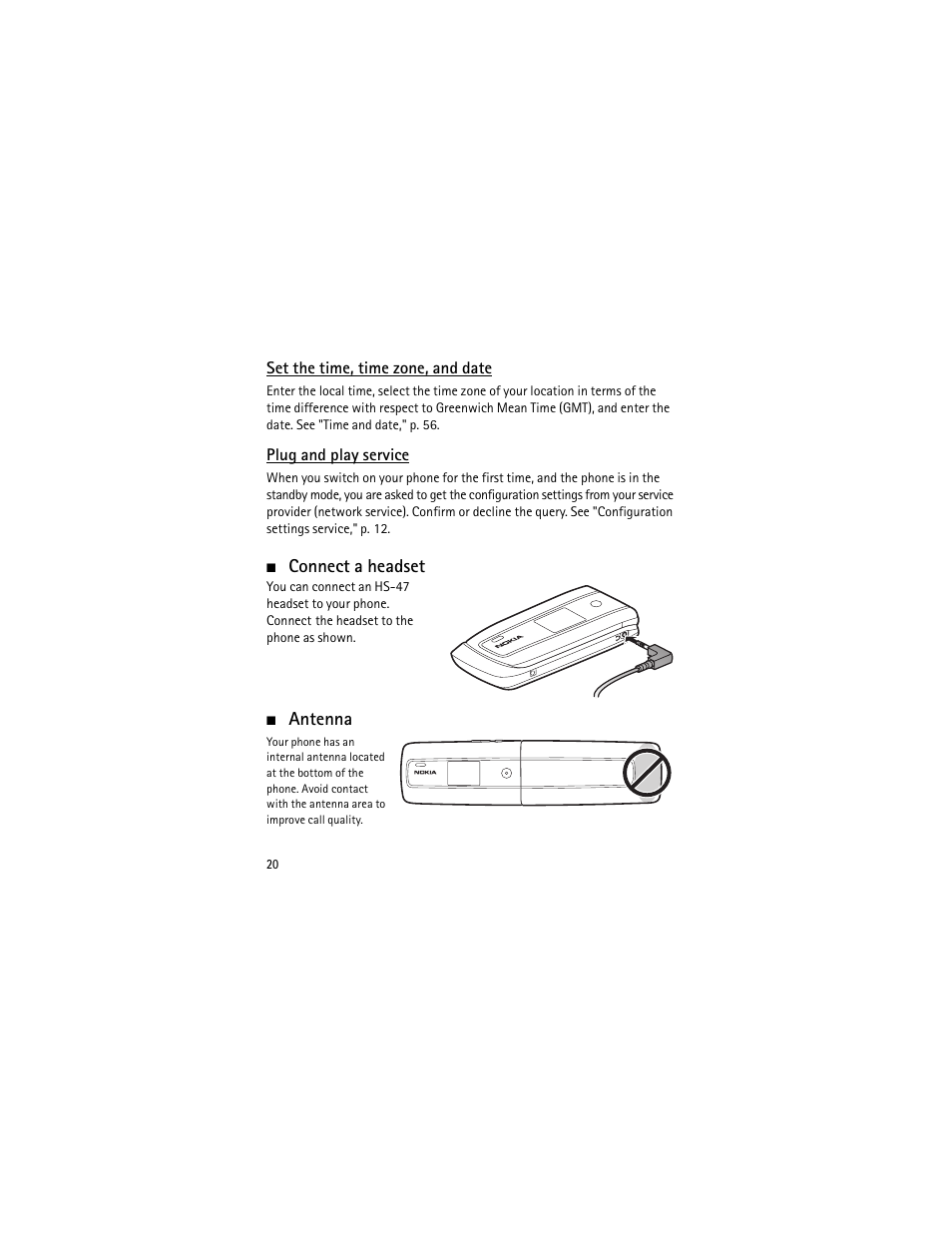 Set the time, time zone, and date, Plug and play service, Connect a headset | Antenna, Connect a headset antenna, E "plug, And play service, 20 an | Nokia 3555 User Manual | Page 21 / 241