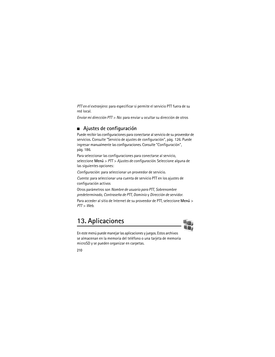 Ajustes de configuración, Aplicaciones, Y "ajustes de configuración | Nokia 3555 User Manual | Page 211 / 241