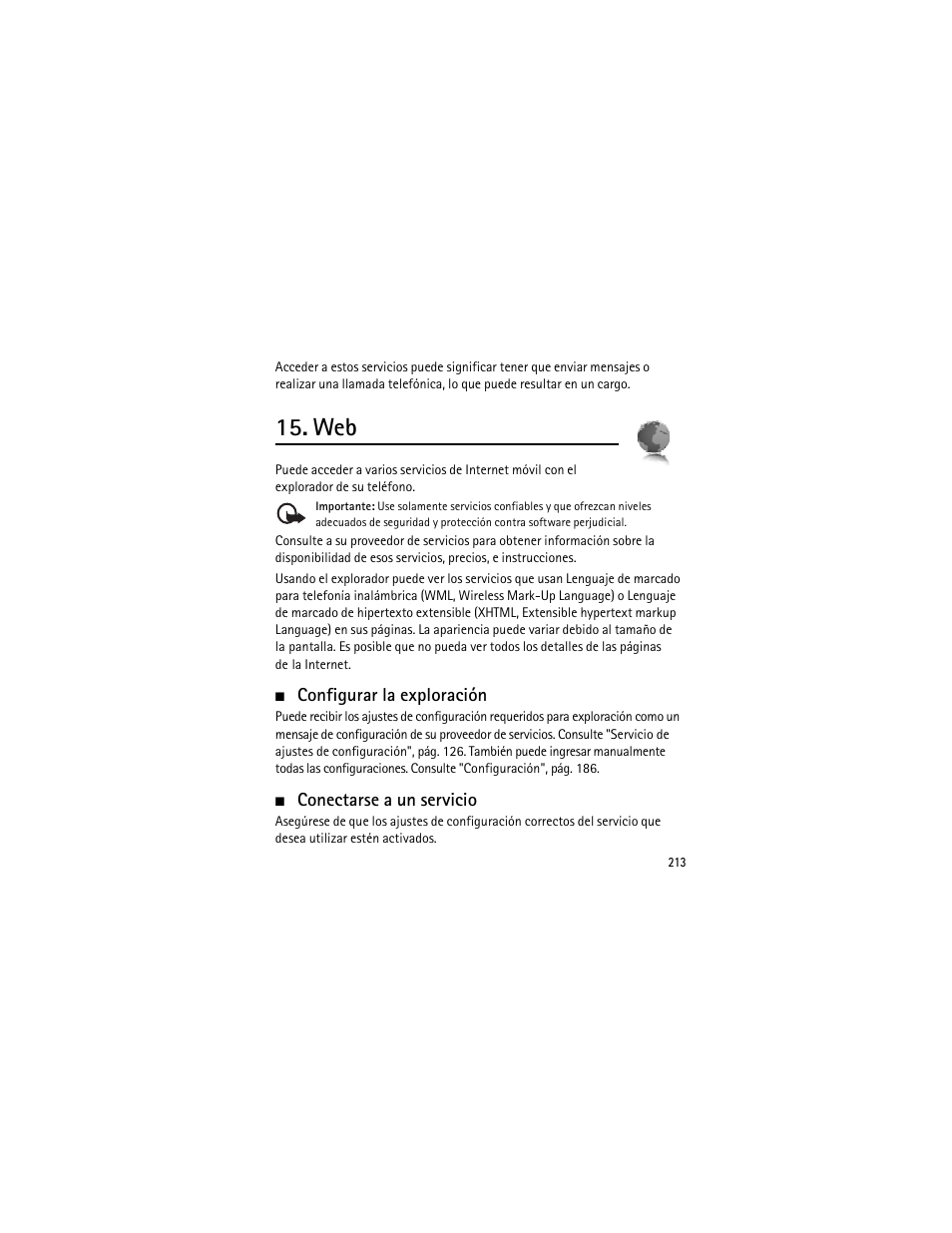 Configurar la exploración, Conectarse a un servicio, Configurar la exploración conectarse a un servicio | Nokia 3555 User Manual | Page 214 / 241