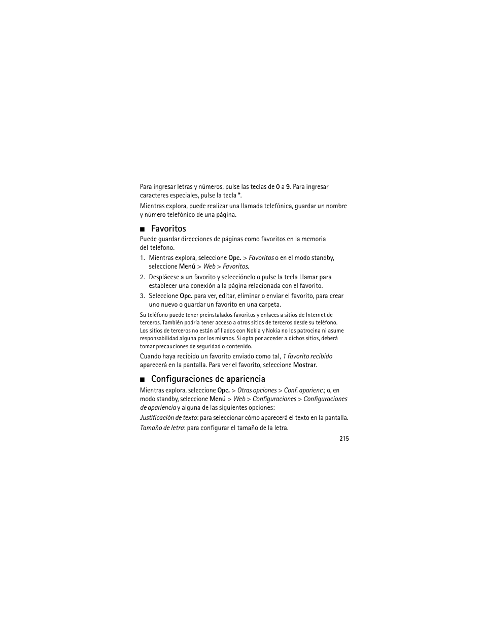 Favoritos, Configuraciones de apariencia, Favoritos configuraciones de apariencia | Te "favoritos | Nokia 3555 User Manual | Page 216 / 241